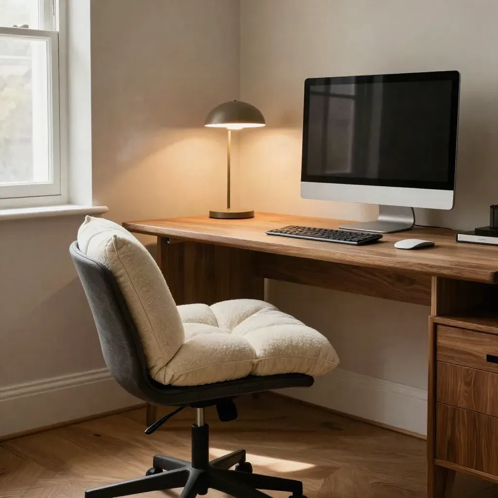 Coin bureau ergonomique avec coussin, repose-pieds, lampe et écran surélevé.