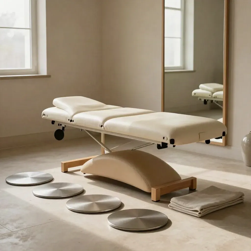 Salle de bilan postural avec table de soin, miroir, cale pelvienne et disques d’alignement.