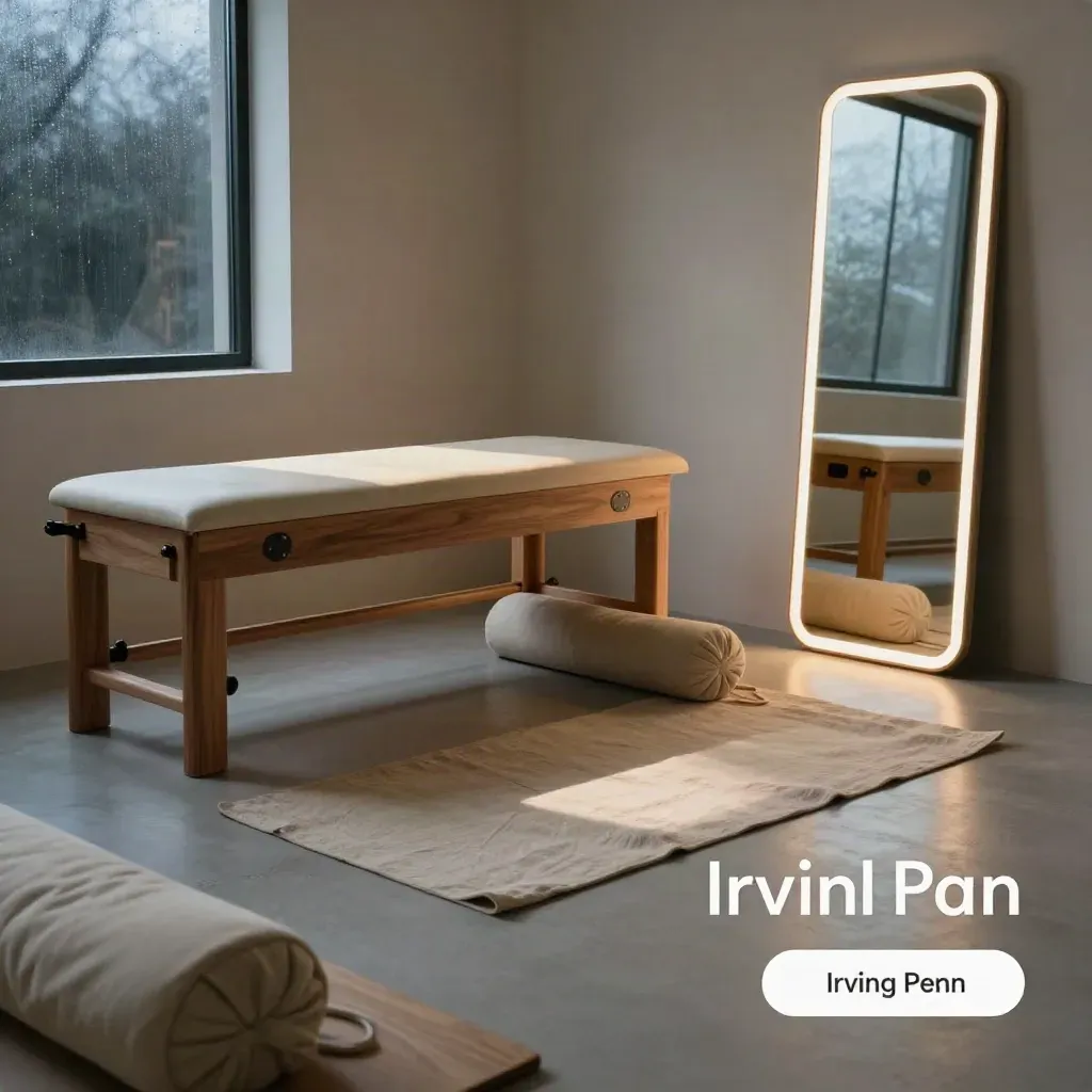 Studio de posture vide avec reformer, tapis roulé, tabouret en chêne et miroir au sol.