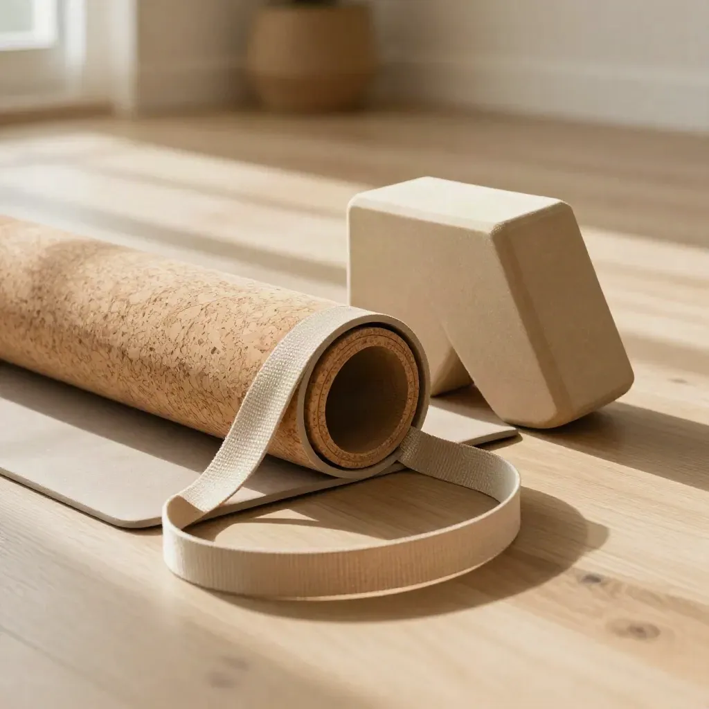 Tapis de mobilité roulé, blocs, sangle et rouleau en liège sur parquet clair.