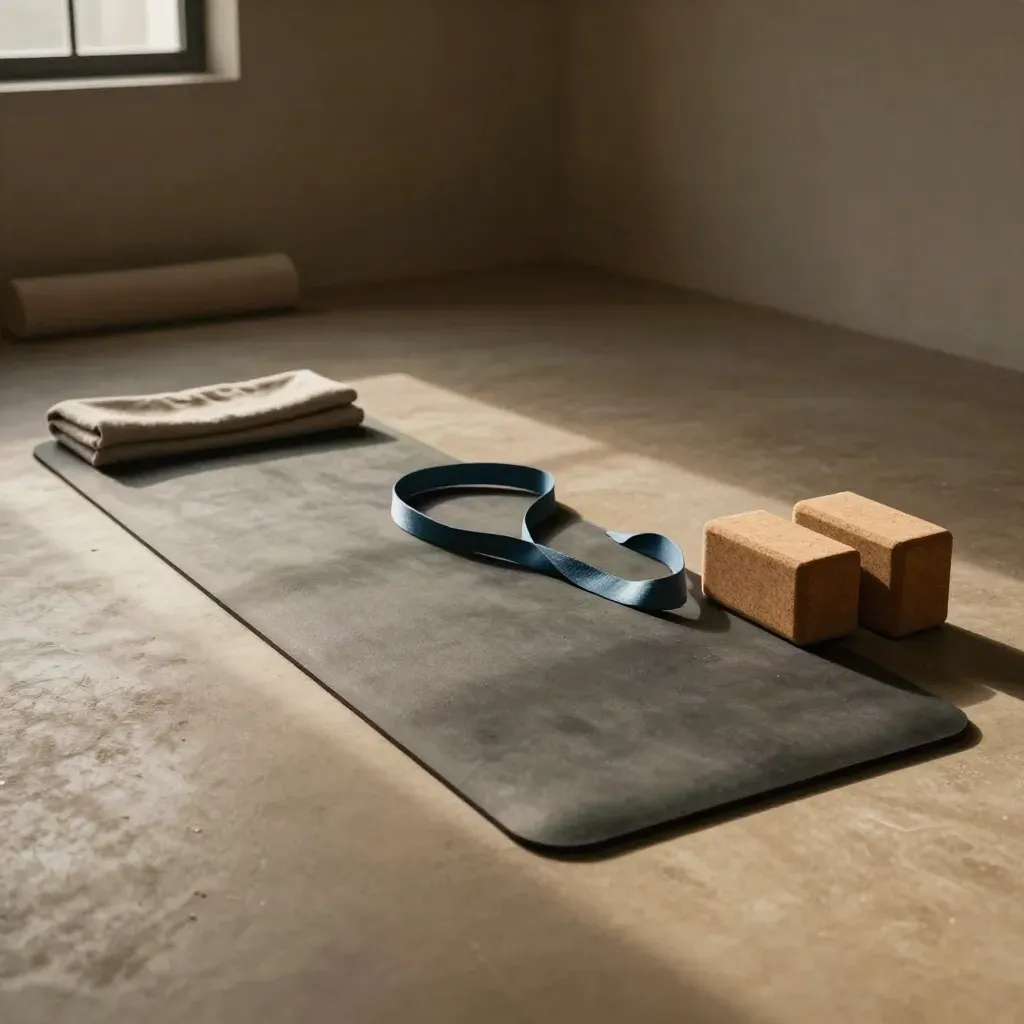 Mat d’étirement, sangle et blocs dans une salle calme baignée d’une lumière douce.
