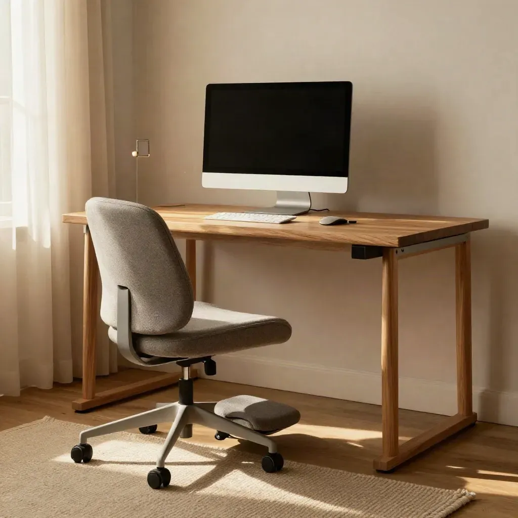 Coin de bureau aligné avec écran surélevé, chaise ergonomique, repose-pieds et coussin lombaire.