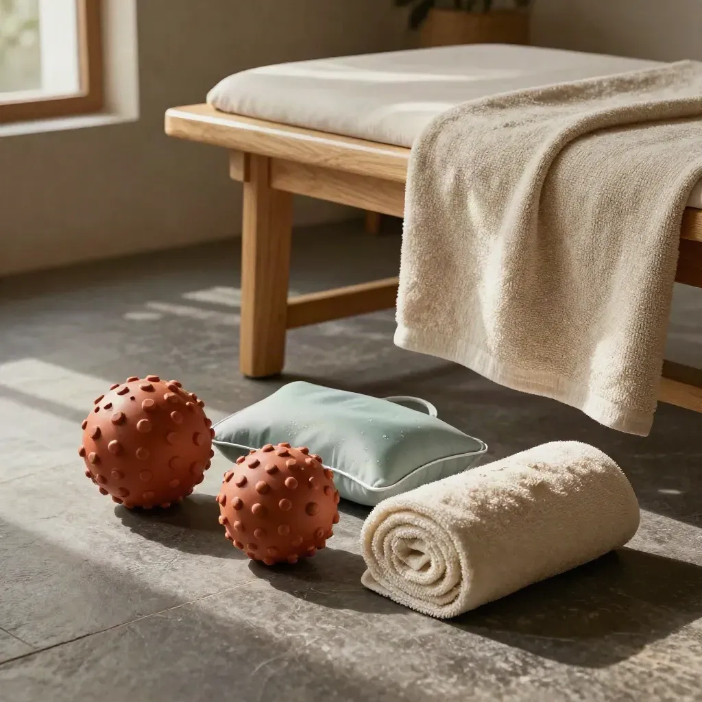 Matériel de récupération avec balles de massage, poche froide, serviette roulée et plaid près d’un banc.