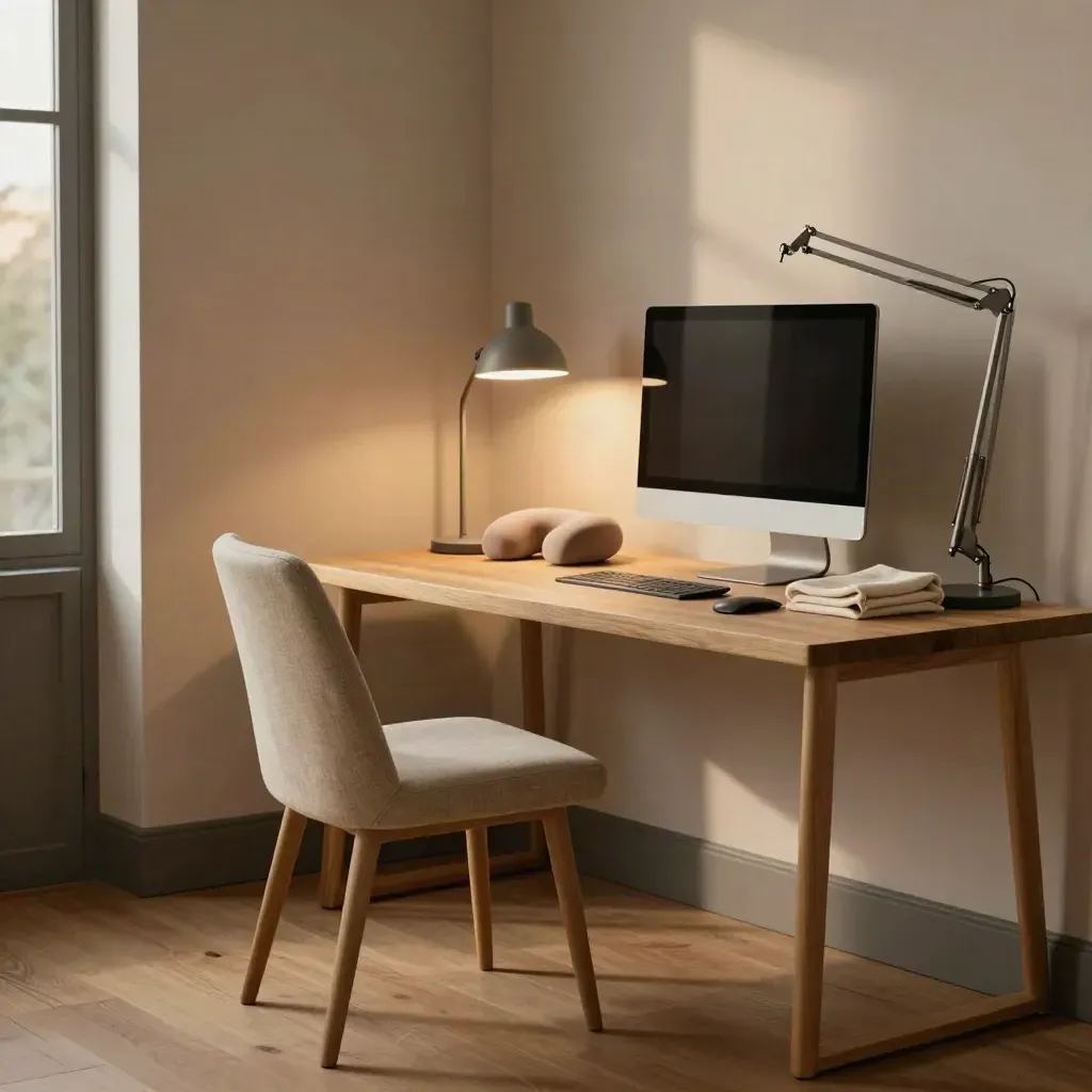 Coin bureau apaisé avec écran relevé, fauteuil de lecture et lampe orientable