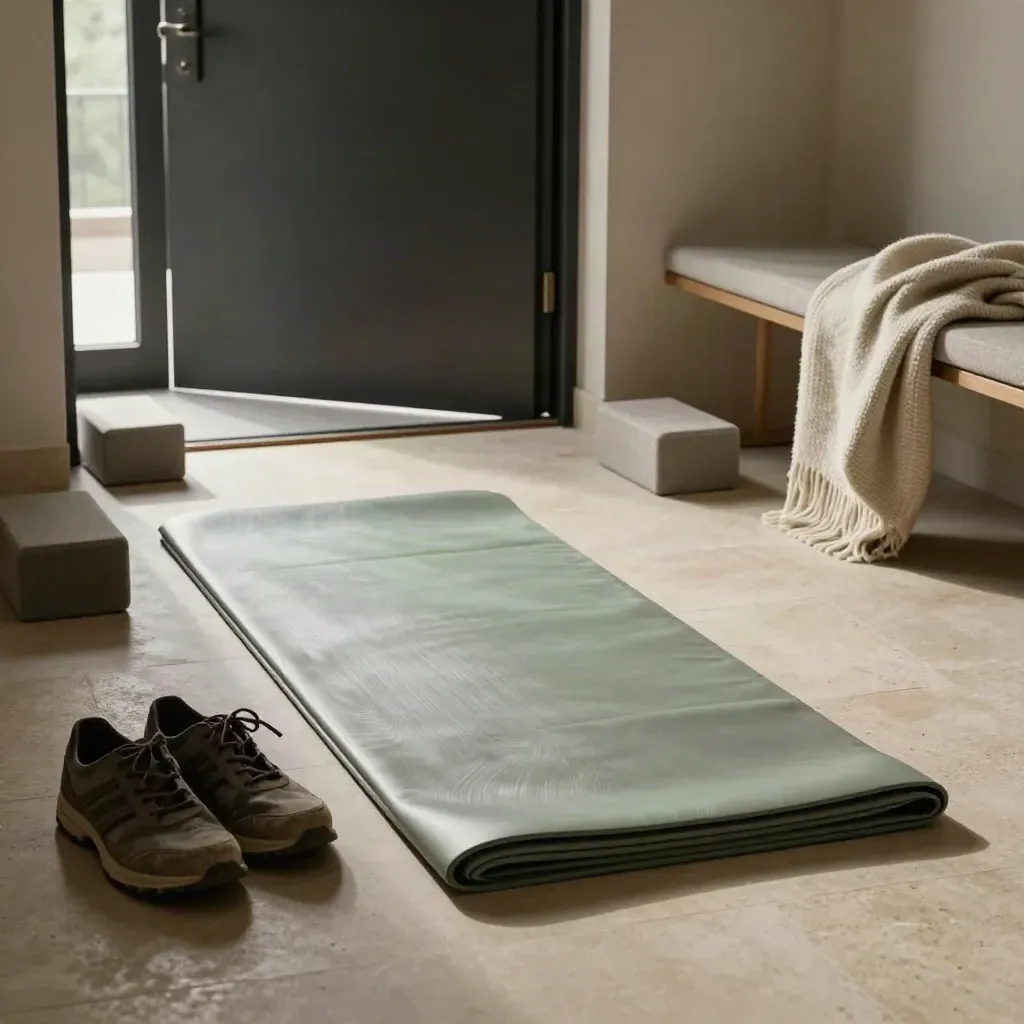 Station de reprise avec tapis d’étirement, chaussures de marche et blocs de soutien près d’une porte.