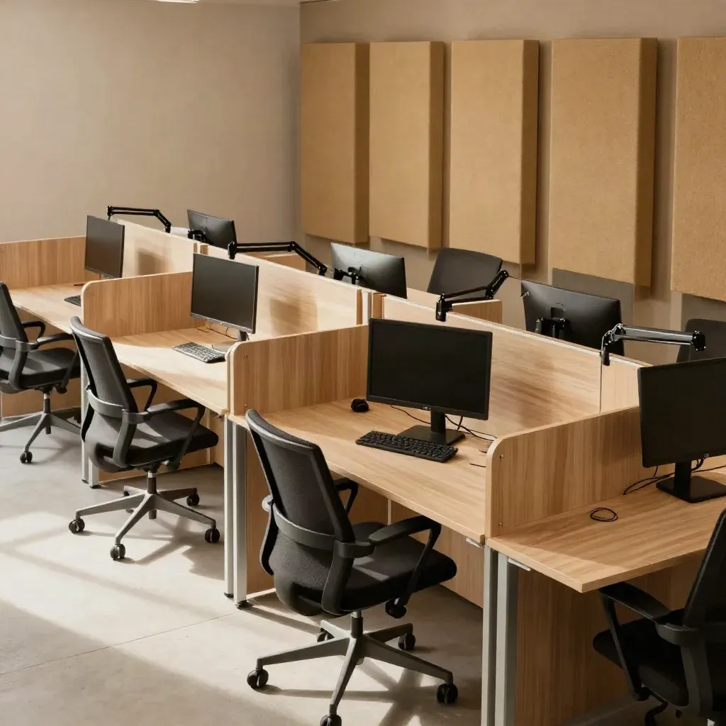 Bureau ouvert réorganisé en postes ergonomiques alignés, lumière douce et ambiance calme.
