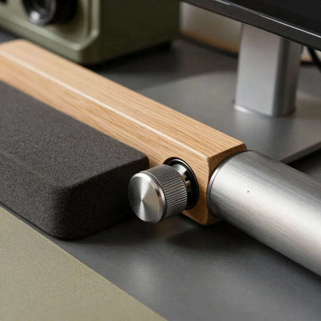 Gros plan d’accessoires ergonomiques avec molette de chaise, repose-poignet et bras en aluminium.