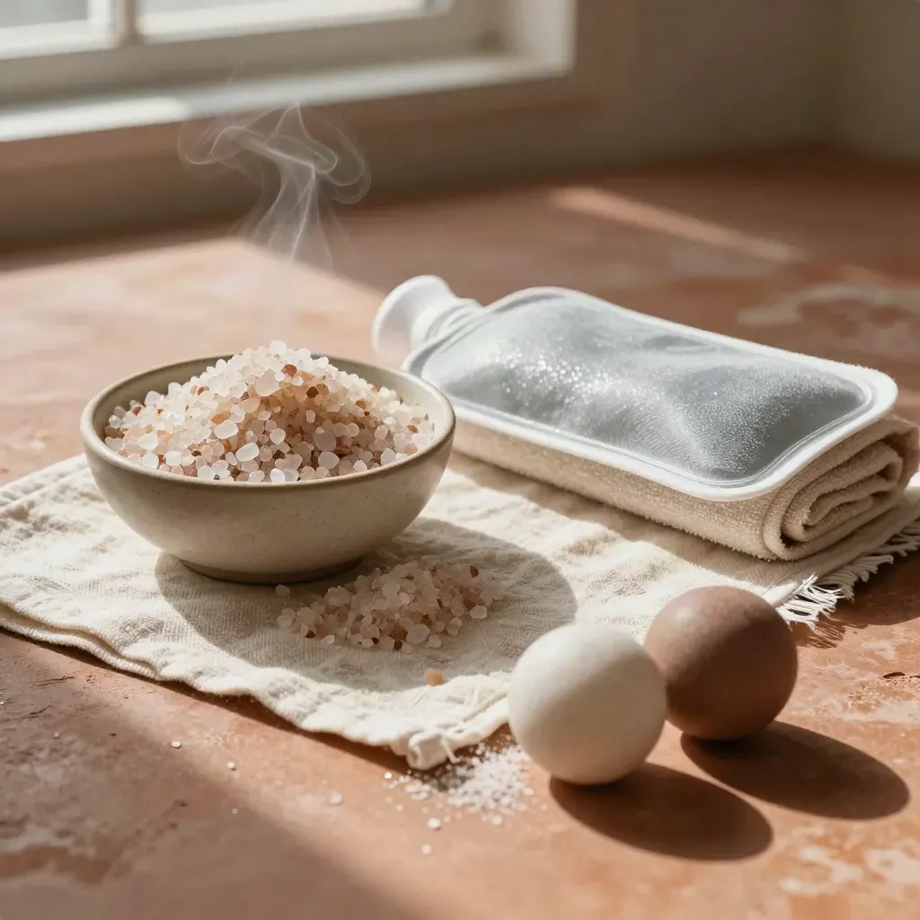 Vue du dessus d’un bol de sels, serviette en lin, pack froid et balles de massage sur fond terracotta.