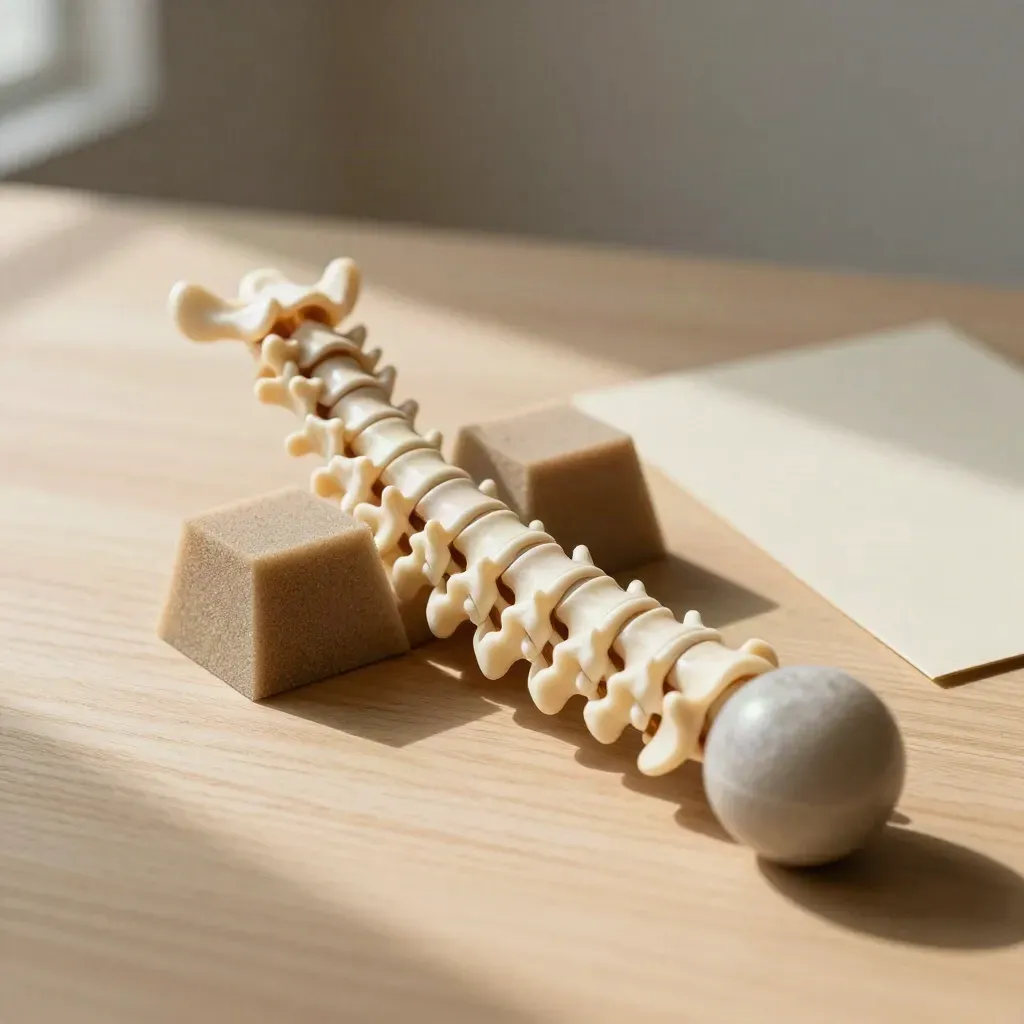 Maquette de colonne, cales en mousse et galet sur bois clair, lumière douce.