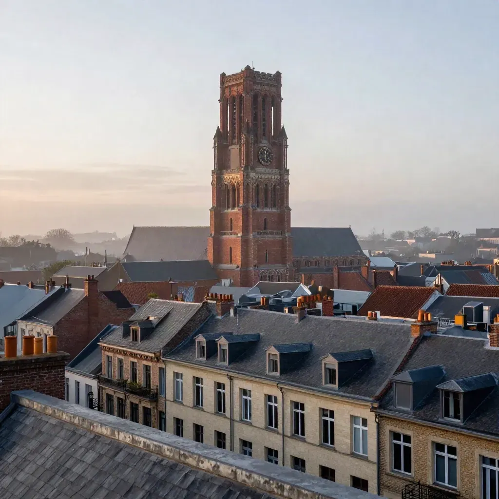 Belfroi de Lille au-dessus des toits dans une brume douce au crépuscule.