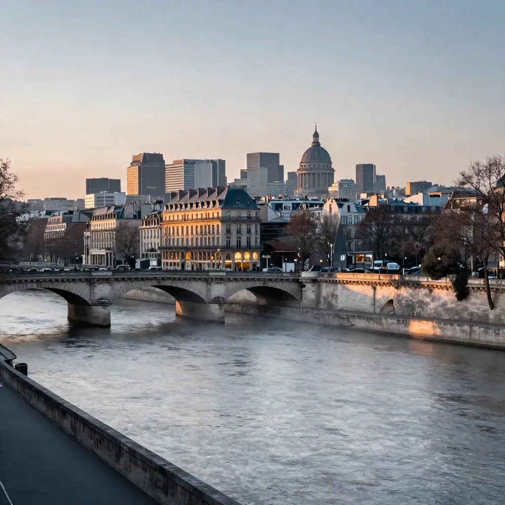Vue de Paris au-dessus de la Seine, ponts dans la brume bleue, eau calme et skyline haute.