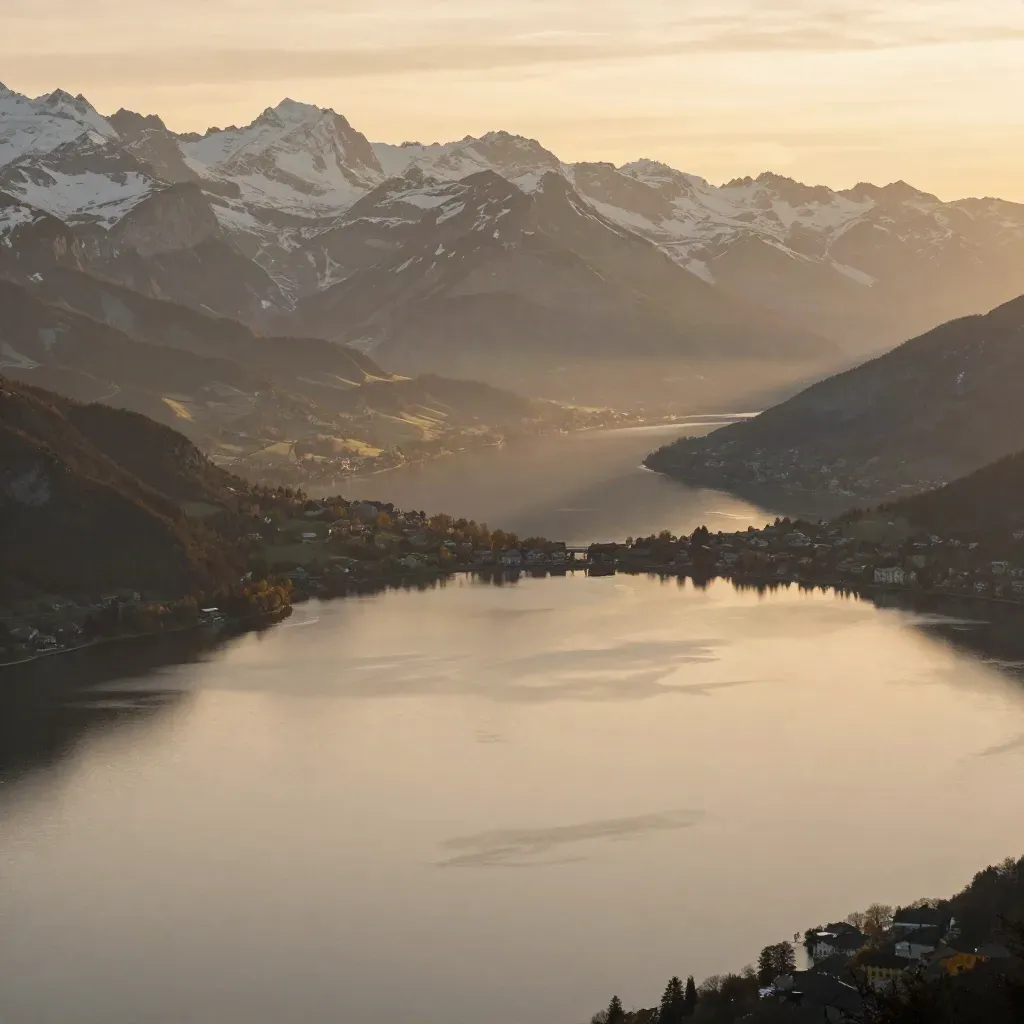 Vue dorée du lac d’Annecy avec les Alpes et une fine rive architecturale.