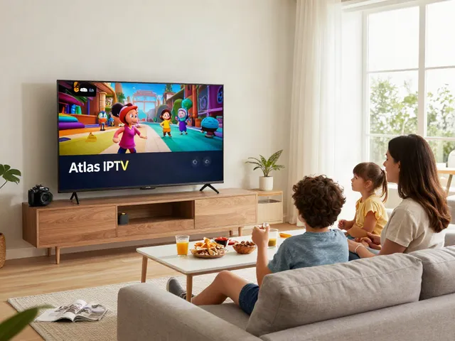 Famille profitant d'Atlas IPTV dans un salon accueillant.