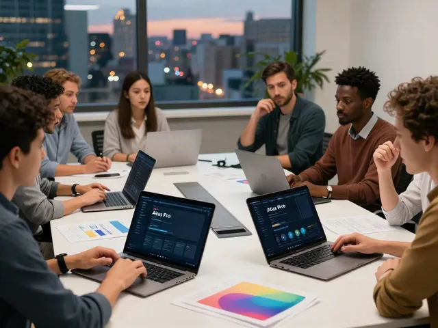 Réunion collaborative sur l'application Atlas Pro ONTV avec des professionnels en discussion, mettant en avant la technologie IPTV.