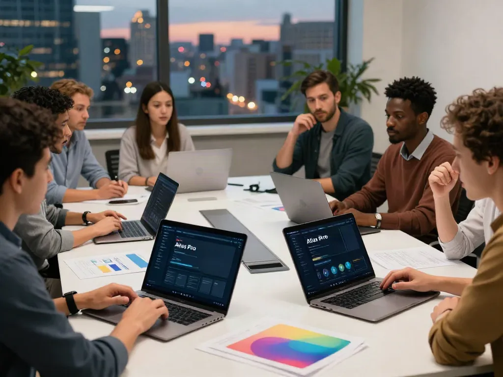 Réunion collaborative sur l'application Atlas Pro ONTV avec des professionnels en discussion, mettant en avant la technologie IPTV.
